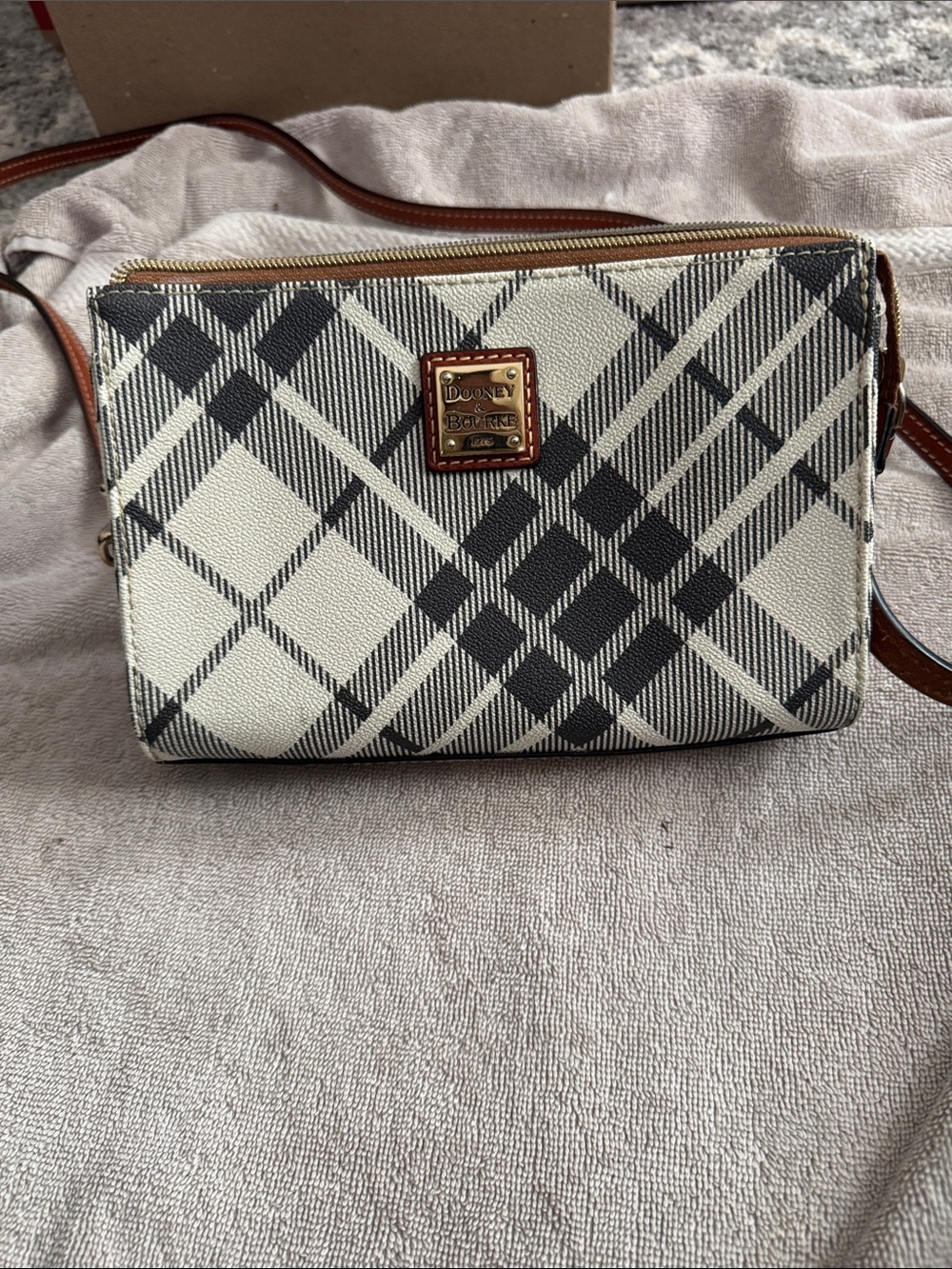 Dooney & Bourke Black and White Plaid Crossbody with Brown Trim